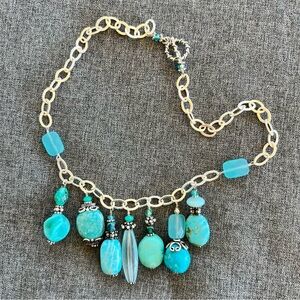 Chunky Silver Tone Chain Necklace With Turquoise Dangle Beads